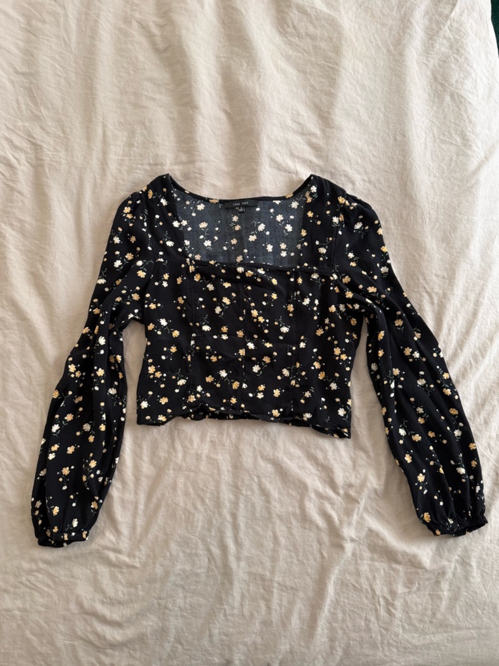 Love Tree Black Floral Square-Neck Cropped Blouse